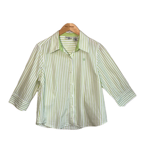 DUCK HEAD Women Petite Large Vintage Cotton Green Striped 3/4 Sl Button Up Shirt